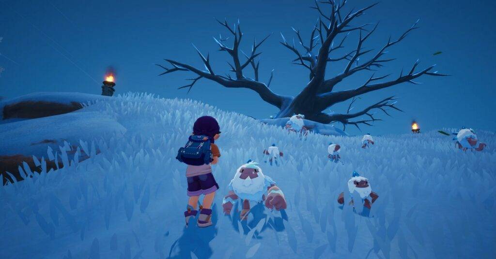 Garoto de anime na neve perto de várias criaturas que lembram um pequeno homem-das-neves