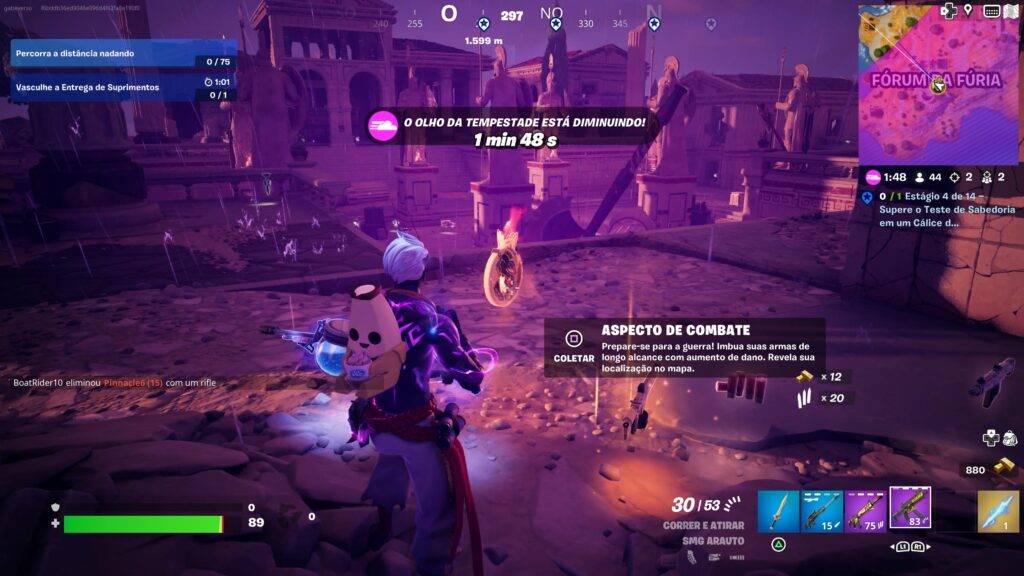 Jogador na Tempestade em Fortnite em frente ao Aspecto de Combate, um medalhão com a cara de Ares